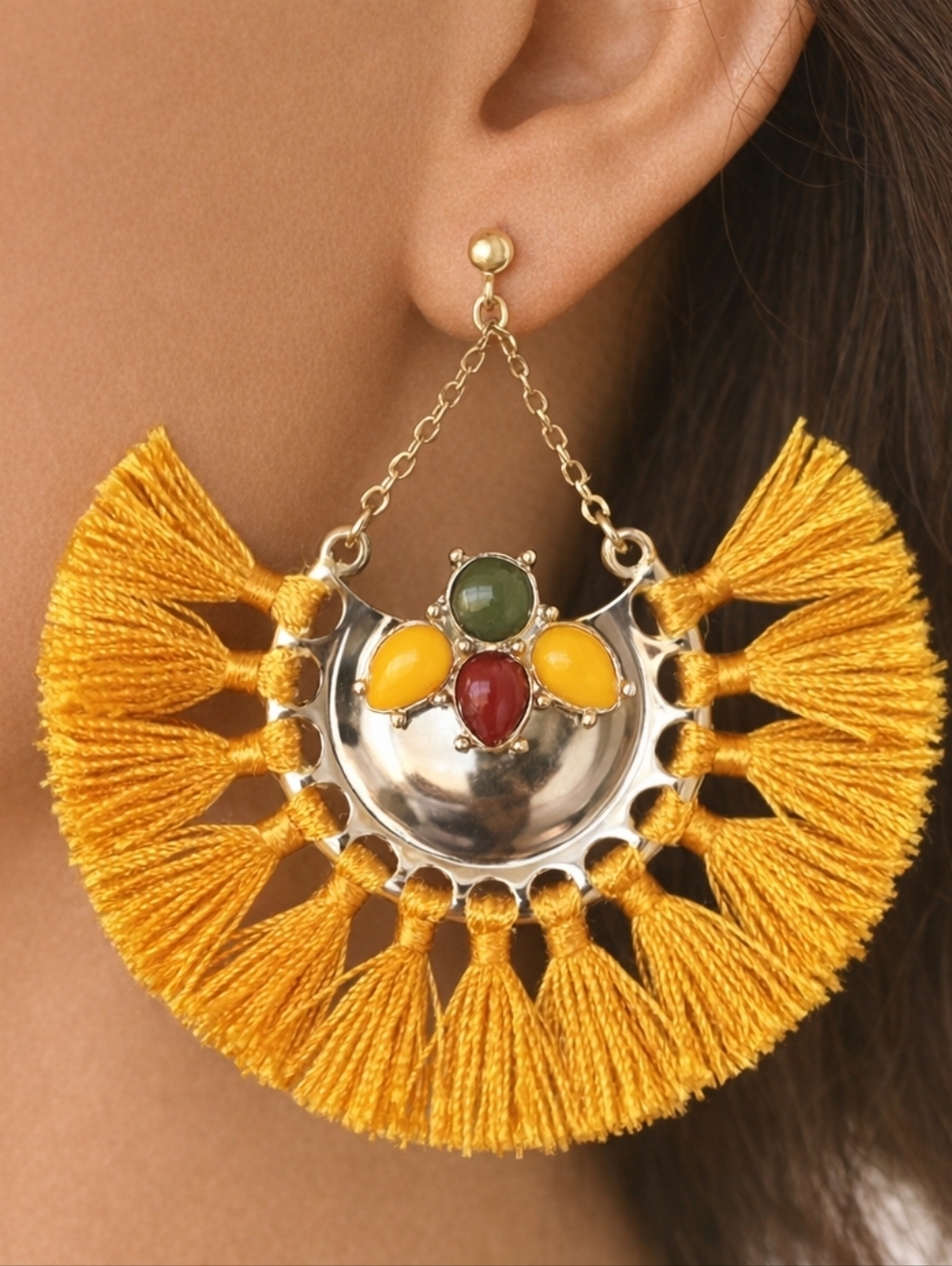 Gold & Yellow Tassel Fan Statement Earrings – Boho Fringe Drop Dangle Jewelry